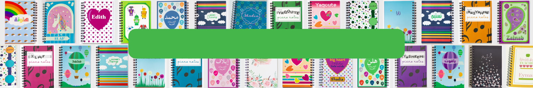 Banner showing Haluna Happy Names personalised notebooks available in a bunch of fun colourful designs 