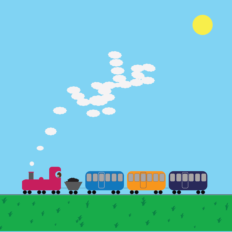 Choo, Choo! is a cute exclusive personalised design from Haluna Happy Names. A colourful red steam engine puffs out the name which hangs in the clear blue sky above the train's coal store and three carriages, as it puffs along a grassy green bank.