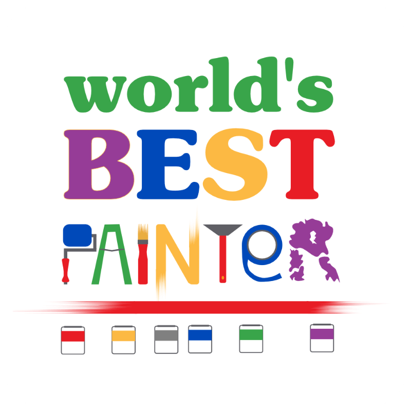 Colour is king in this original World's Best Painter design from Haluna Happy Names. A distinct rounded font spells World's Best and each letter of 'painter' is a graphical representation of every painter's tools of the trade. Colourful, fun, strong. Win.
