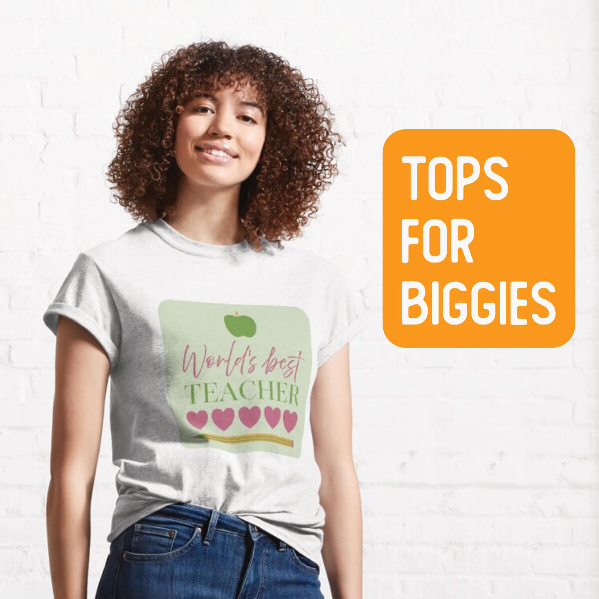 Haluna Happy Names World's Best Teacher design is printed on a classic white T-shirt worn by a smiling young woman with brown tight curly shoulder length hair
