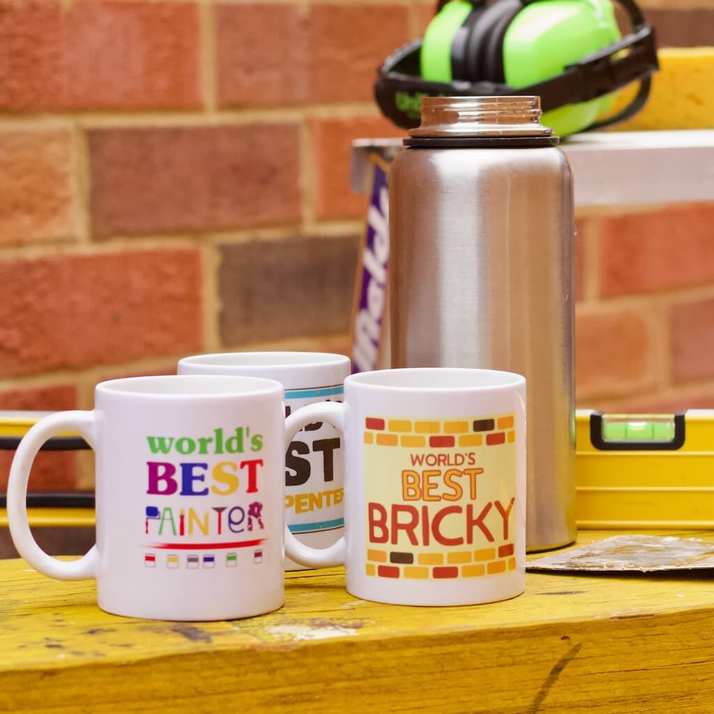 Exclusive to Haluna Happy Names, our colourful personalised tradie mugs bear original designs that will make a tradie laugh, then smile, then feel properly appreciated. Because all tradies need a good mug. Painter, bricky and carpenter shown, of many.