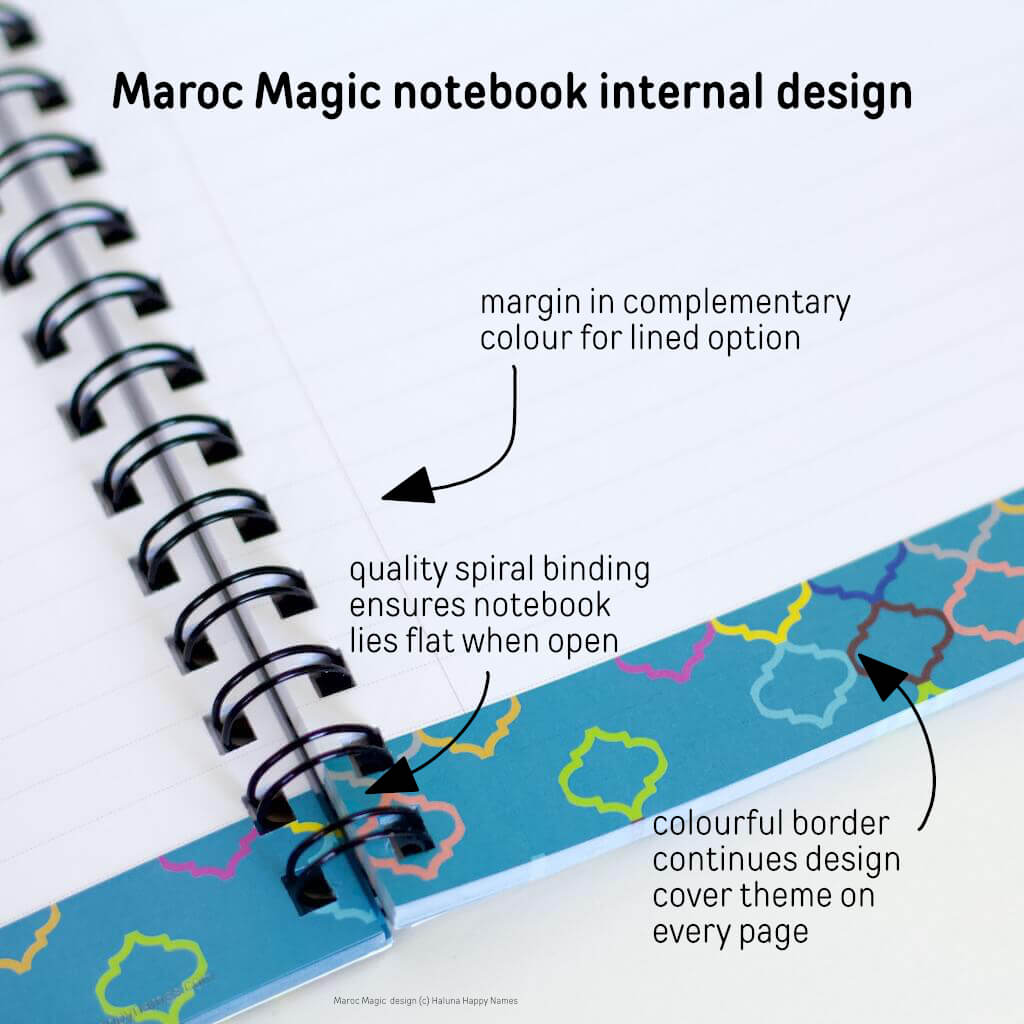 Gorgeous teal personalised 'Maroc Magic' design notebook. Cover bears name in centre of Moroccan line motif against a background of repeated motifs in many colours. Lies on desk with matching Maroc Magic whiteboard and routine tracker in background with Mongolian felt pen pot, two cacti and a black pen