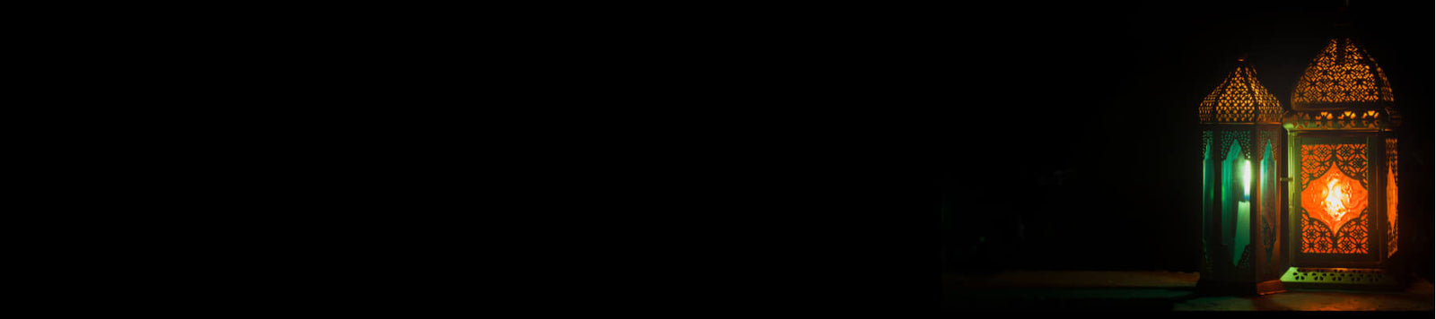 Ramadan Arabic name represented by traditional lanterns with green and orange lamps against a black night