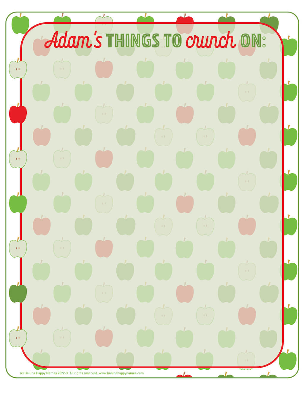 Get organised with this personalised mini-whiteboard featuring Haluna Happy Names 'Apples' design background and headed with name and heading of your choice, this one says 'Ms Bell's Top Things Today'. On a desk with apple, eraser, pen and an Apple laptop (of course).