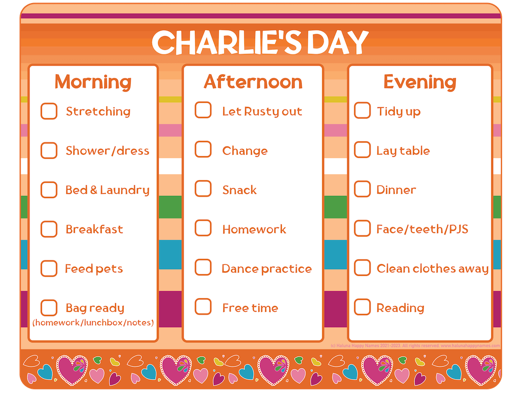 A tangerine colour sample 3 panel wipe clean customised personalised &#39;Jewels in My Heart&#39; routine tracker from Haluna Happy Names. The board is titled &#39;Charlie&#39;s Day&#39; and the panels of routine tasks with checkboxes are labeled &#39;Morning&#39;, &#39;Afternoon&#39; and &#39;Evening&#39;. The design includes a colourful bottom border of hearts embedded with jewels.