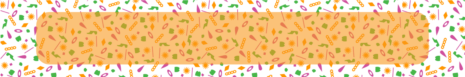 Banner with small random shapes in Haluna Happy Names brand bright pink orange and green with opaque orange strip to carry FAQ page title 