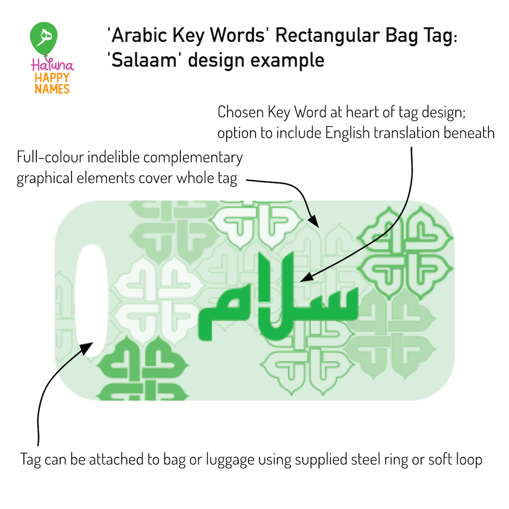 This explanatory graphic of a Haluna Happy Names Arabic Key Words series bag tag with arrows and explanations. Bag tag is curved-edged rectangular tag printed with pale green base layered with interlocking graphical elements in shades of green and white. The Arabic word &#39;salaam&#39; sits on top of the green design in a strong mid green using a Kufic-inspired font with slanted tops to each letter 