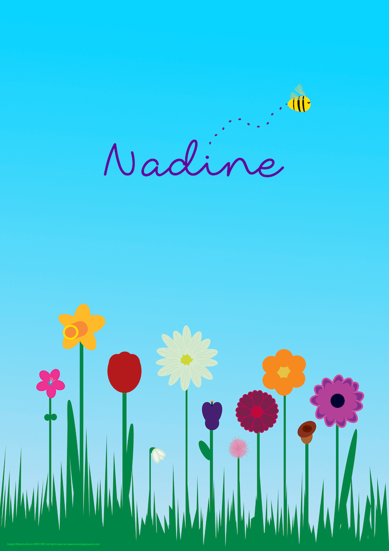A row of bright spring flowers with their heads high among blades of grass: daffodil, tulip, snowdrop and more. Above in the blue sky a buzzy bee spells the name Nadine in this personalised Haluna Happy Names design 'Flower Patch'.