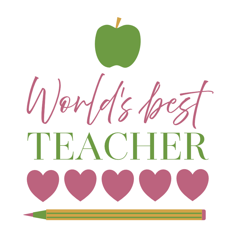 The Haluna Happy Names original 'World's Best Teacher' design is a sophisticated take on a classic. A perfect green apple sits atop the pink and green text. The message is underlined with a row of hearts to show our true appreciation for caring teachers.