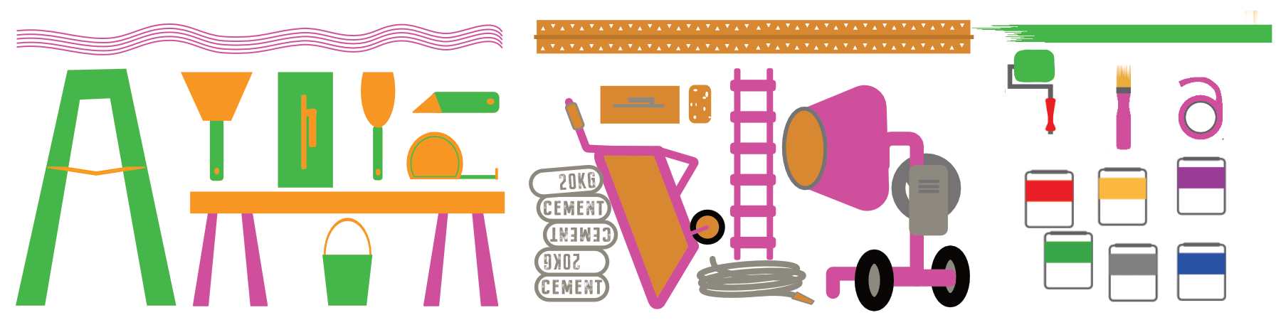 A Haluna Happy Names fun composite graphic in pink green and orange on white showing elements for home improvement