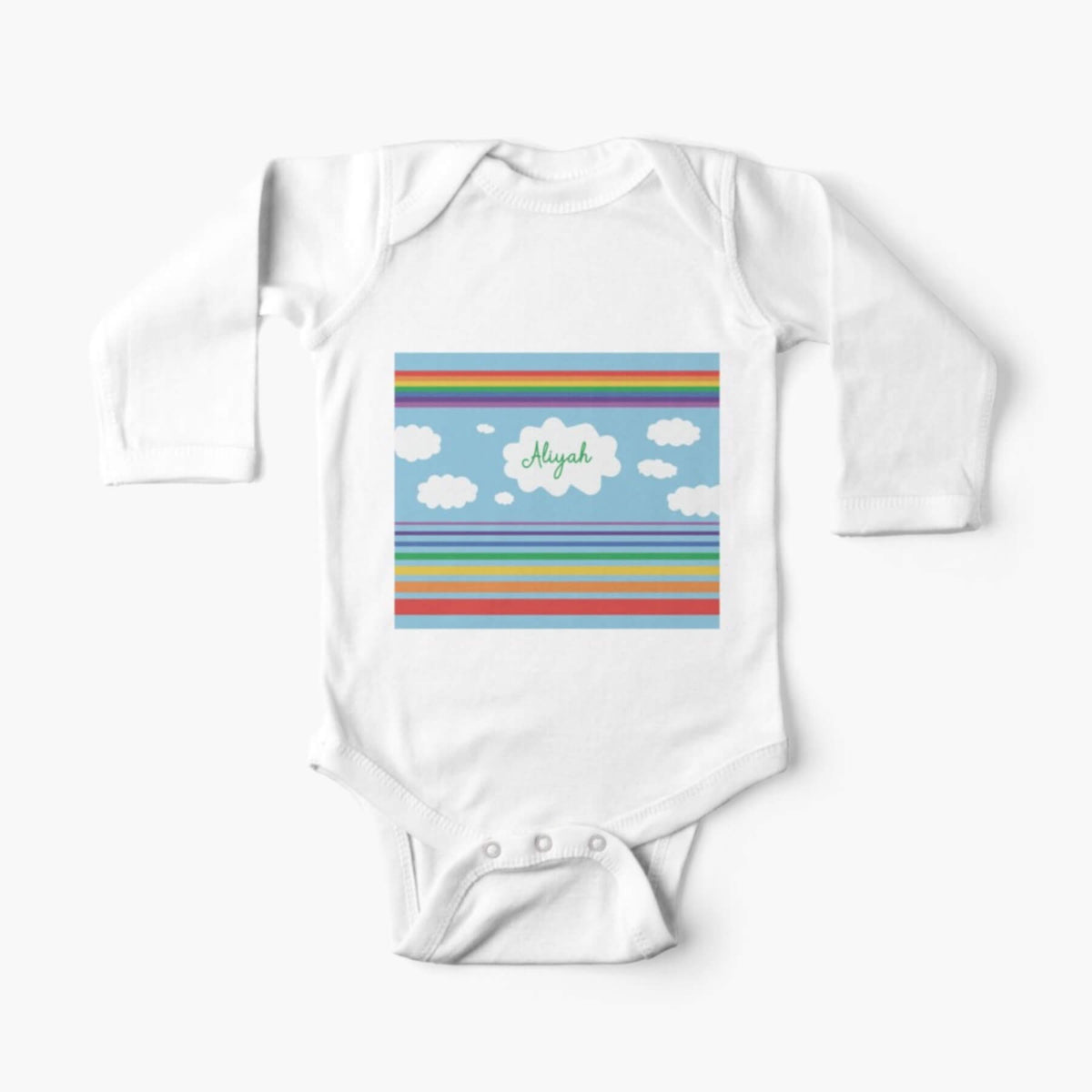scallop-opening soft pure cotton long sleeve personalised baby onesie with print of baby&#39;s name in loopy green script on a fluffy white cloud against blue sky with clouds and horizontal rainbow stripes