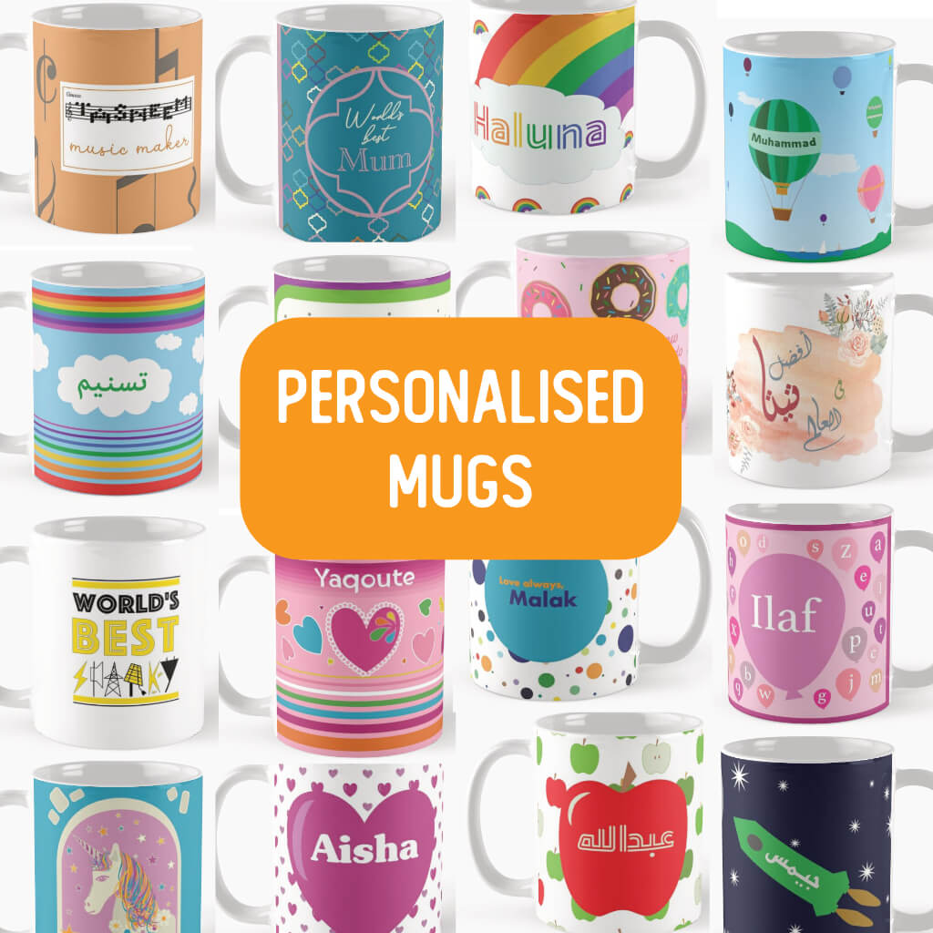 Composite showing sample Haluna Happy Names mugs, which bring smiles and colour all day every day. Special designs for special people, with Arabic an option for many mugs in the collection