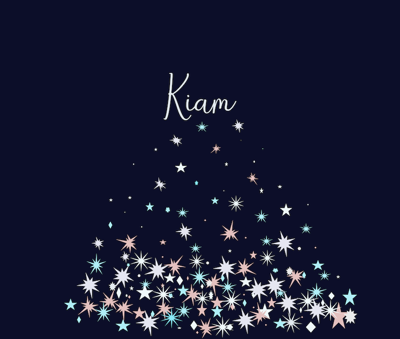 The Haluna Happy Names exclusive personalised design 'Starfall' is exactly as it sounds. Against a space-dark background a name shines in silver in English or Arabic. Stars of all ages in pink, silver and blue tumble down, gleaming. For your stars. Love.