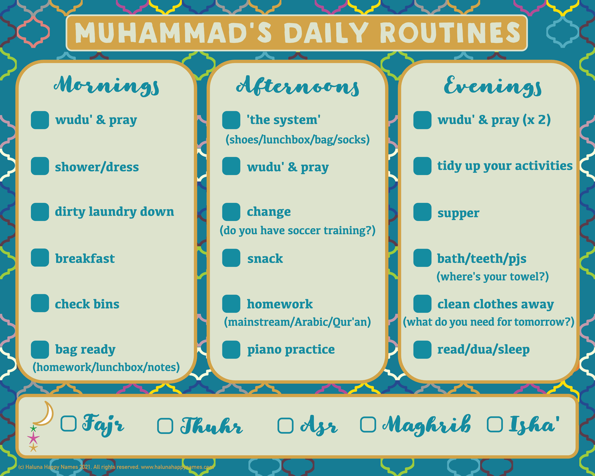 The Haluna Happy Names exclusive &#39;Maroc Magic&#39; design is a teal background with multicoloured repeating motif overlaid. This is the background for a routine tracker. The sample shown here shows &#39;Muhammad&#39;s Daily routines&#39; at the top, and 3 parallel panels for Mornings, Afternoons and Evenings, each panel having 6 items to check off each day. Beneath is a horizontal panel with 5 items: the Muslim 5 daily prayers with a checkbox beside each.
