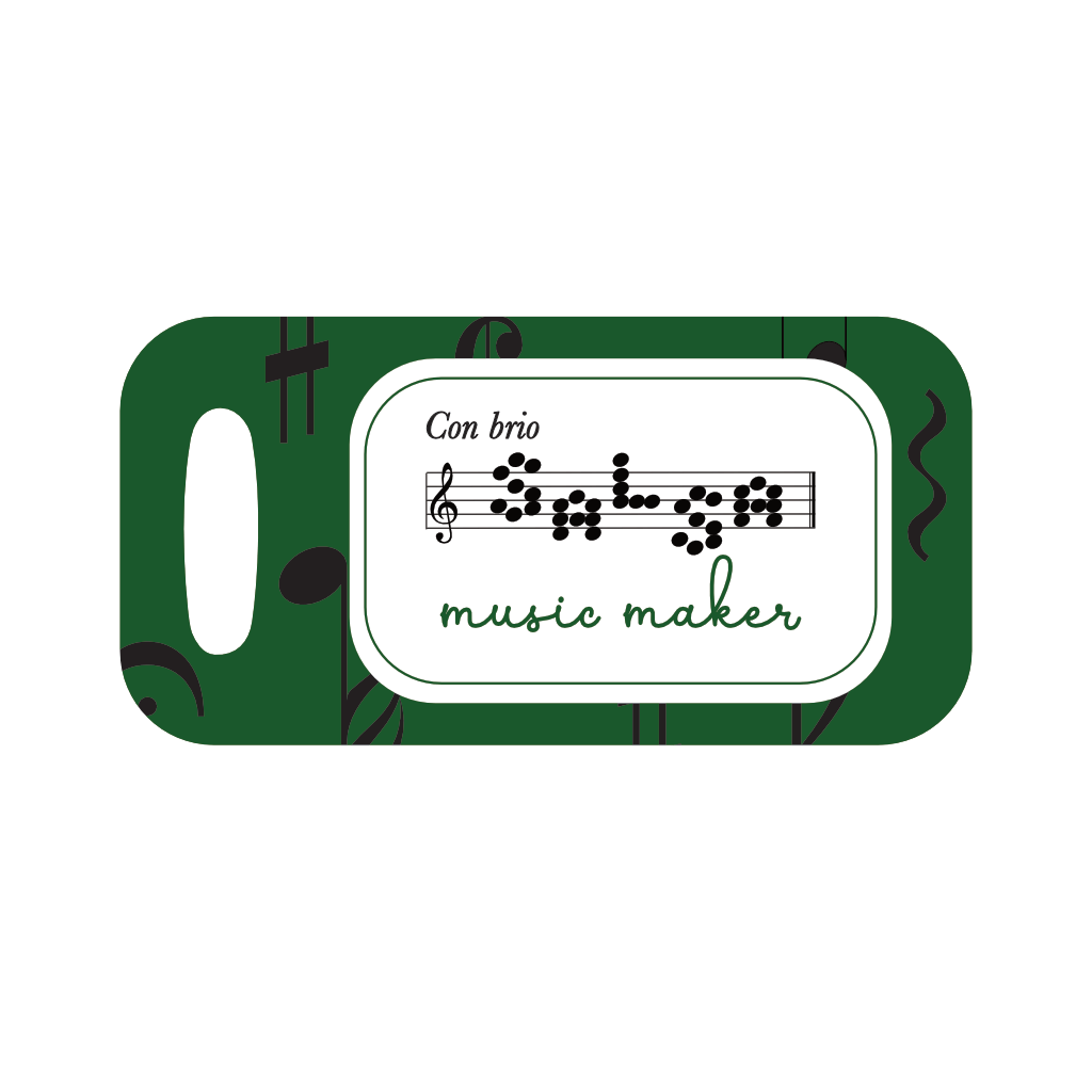 Fully customised Musically design in Forest green. 3.5&quot;x2.75&quot; indelibly printed name tag with name on stave, title or role, and musical personality against strong pink background with black musical elements floating.