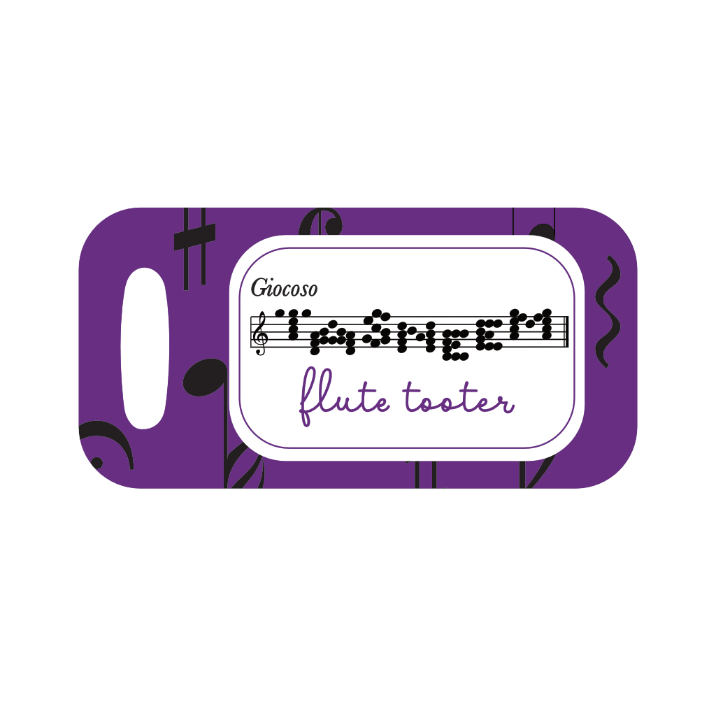 Fully customised Musically design in Pansy purple. 3.5&quot;x2.75&quot; indelibly printed name tag with name on stave, title or role, and musical personality against strong pink background with black musical elements floating.