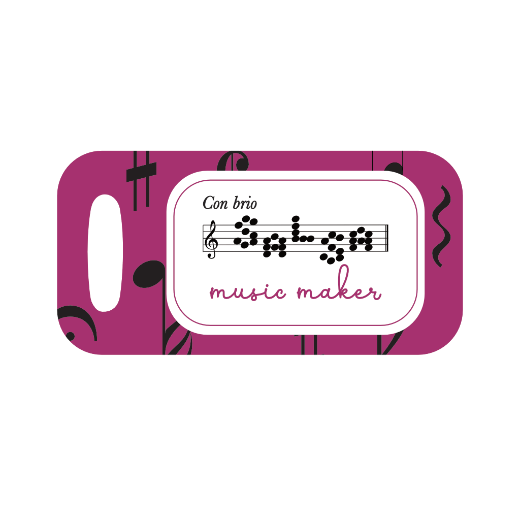 Fully customised Musically design in Camellia pink. 3.5"x2.75" indelibly printed name tag with name on stave, title or role, and musical personality against strong pink background with black musical elements floating.