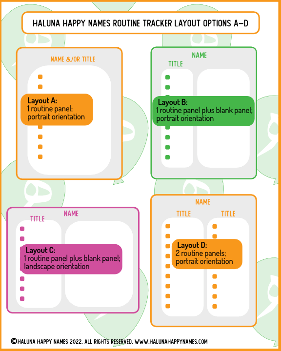 The Haluna Happy Names exclusive 'Maroc Magic' design is a teal background with multicoloured repeating motif overlaid. This is the background for a routine tracker. The sample shown here shows 'Muhammad's Daily routines' at the top, and 3 parallel panels for Mornings, Afternoons and Evenings, each panel having 6 items to check off each day. Beneath is a horizontal panel with 5 items: the Muslim 5 daily prayers with a checkbox beside each.