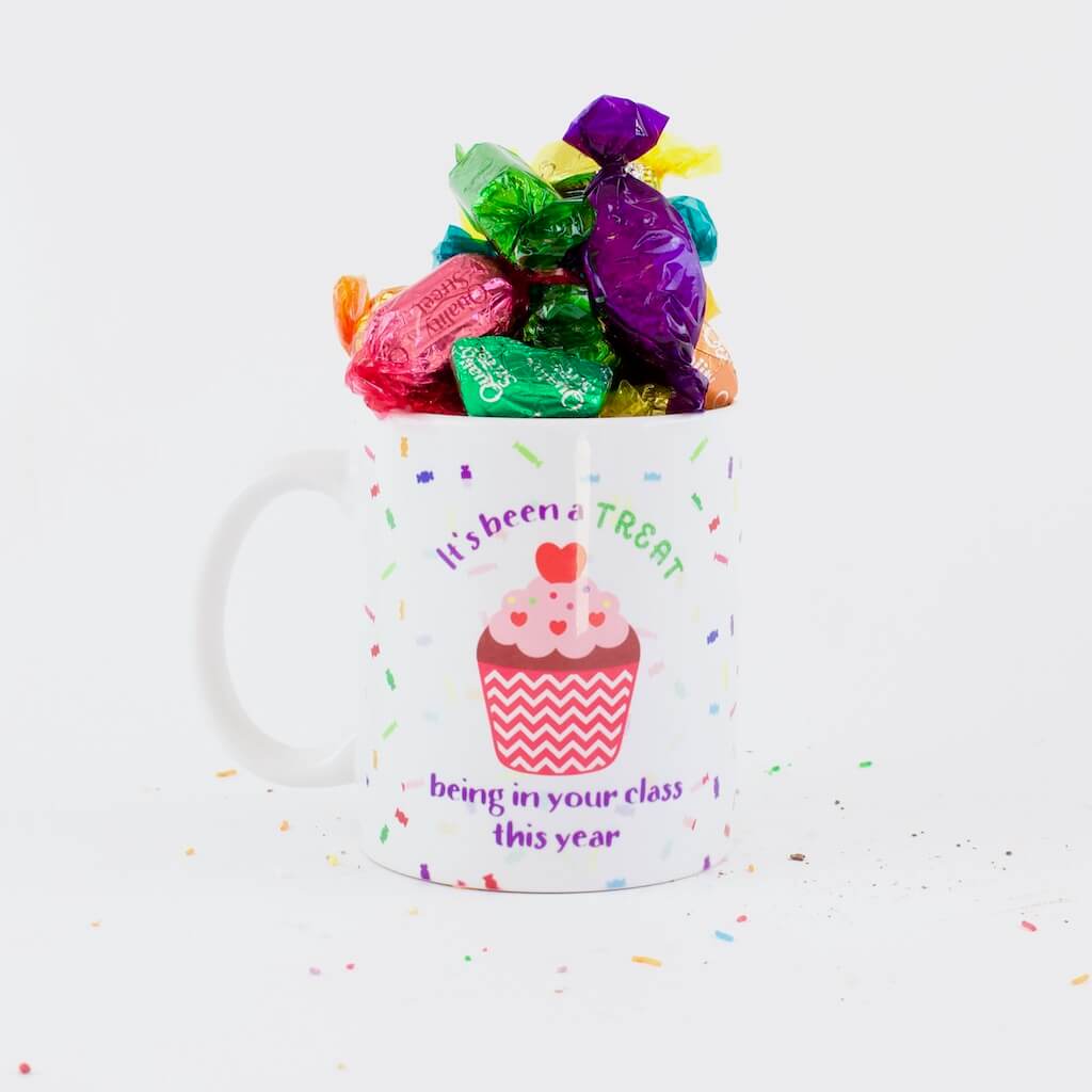 Sweet Treat  mug with a cupcake and lollies design and the name and your original message on the back makes a perfect teacher thank you gift. Fill this personalised mug with choccies for extra sweetness.