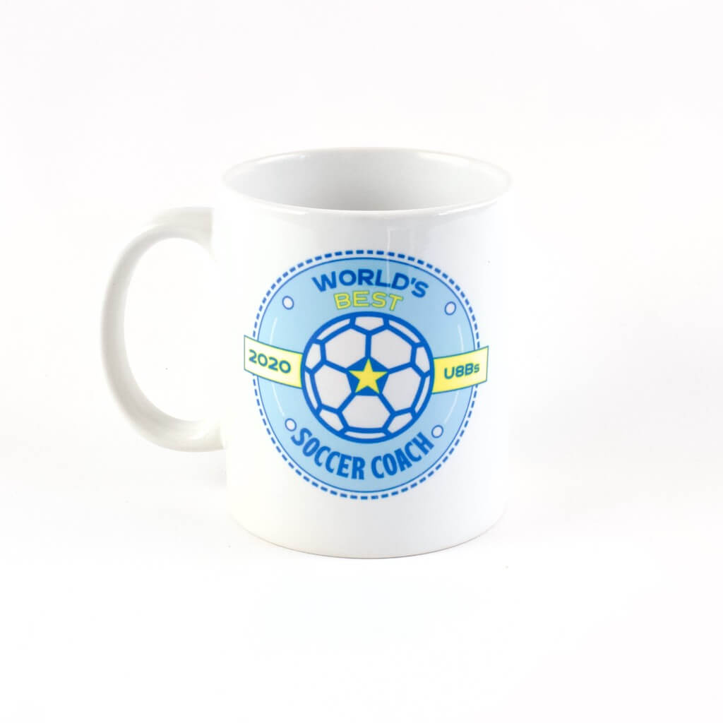 'World's Best Coach' personalised thank you mug: fully customisable/any ball sport/team colours