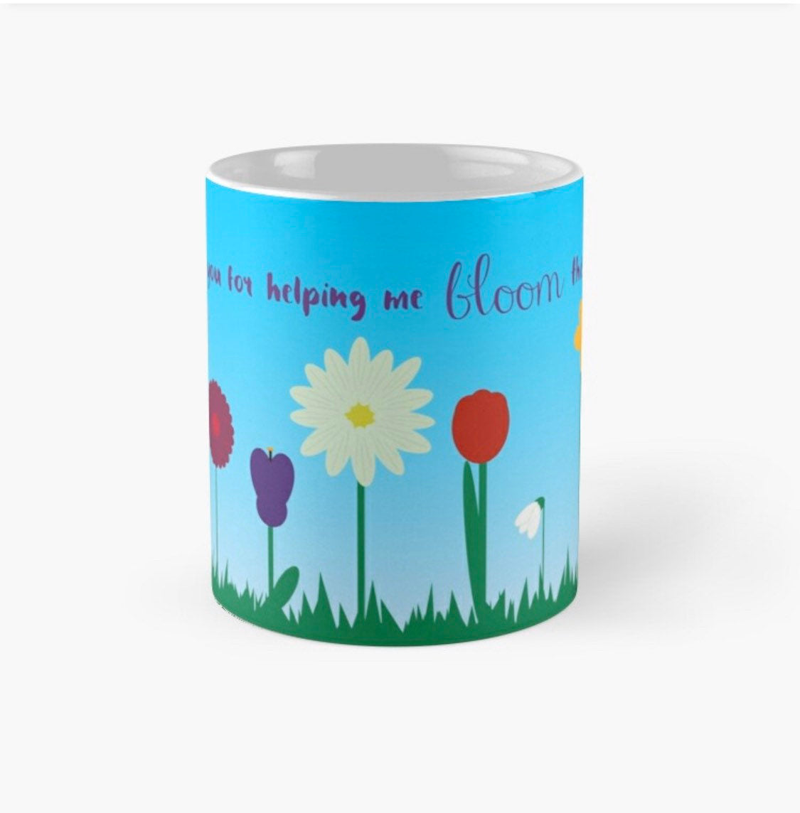 &#39;Bloom&#39; personalised teacher thank you mug with quote and flowers